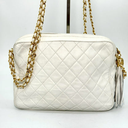 CHANEL Matelasse Lambskin Coco Mark Fringed Chain Shoulder Bag White No Serial Number Seal Shoulder Bag