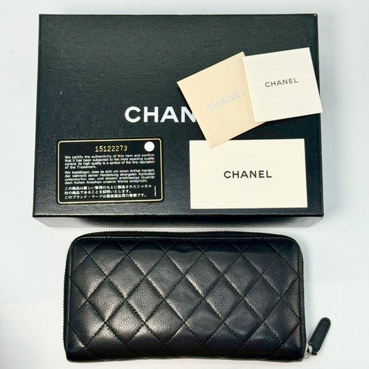 CHANEL Matelasse Caviar Leather Long Wallet with Round Zipper, Black, Guarantee Card Included, 15122273 Wallet