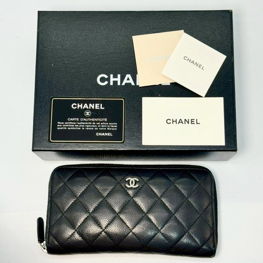 CHANEL Matelasse Caviar Leather Long Wallet with Round Zipper, Black, Guarantee Card Included, 15122273 Wallet