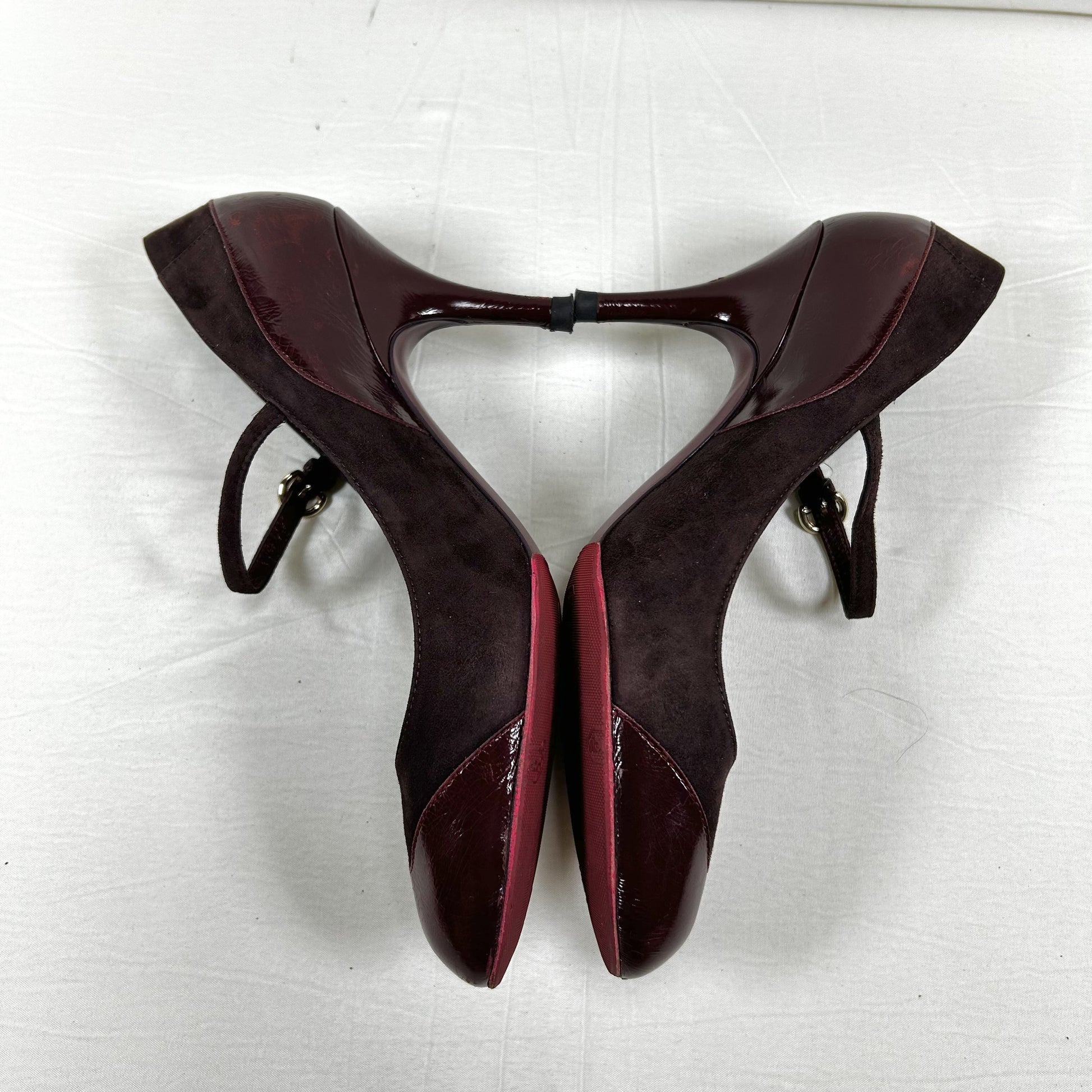 Sergio Rossi Mary Jane Pumps, Size 37 1/2, Suede and Patent Leather, Burgundy