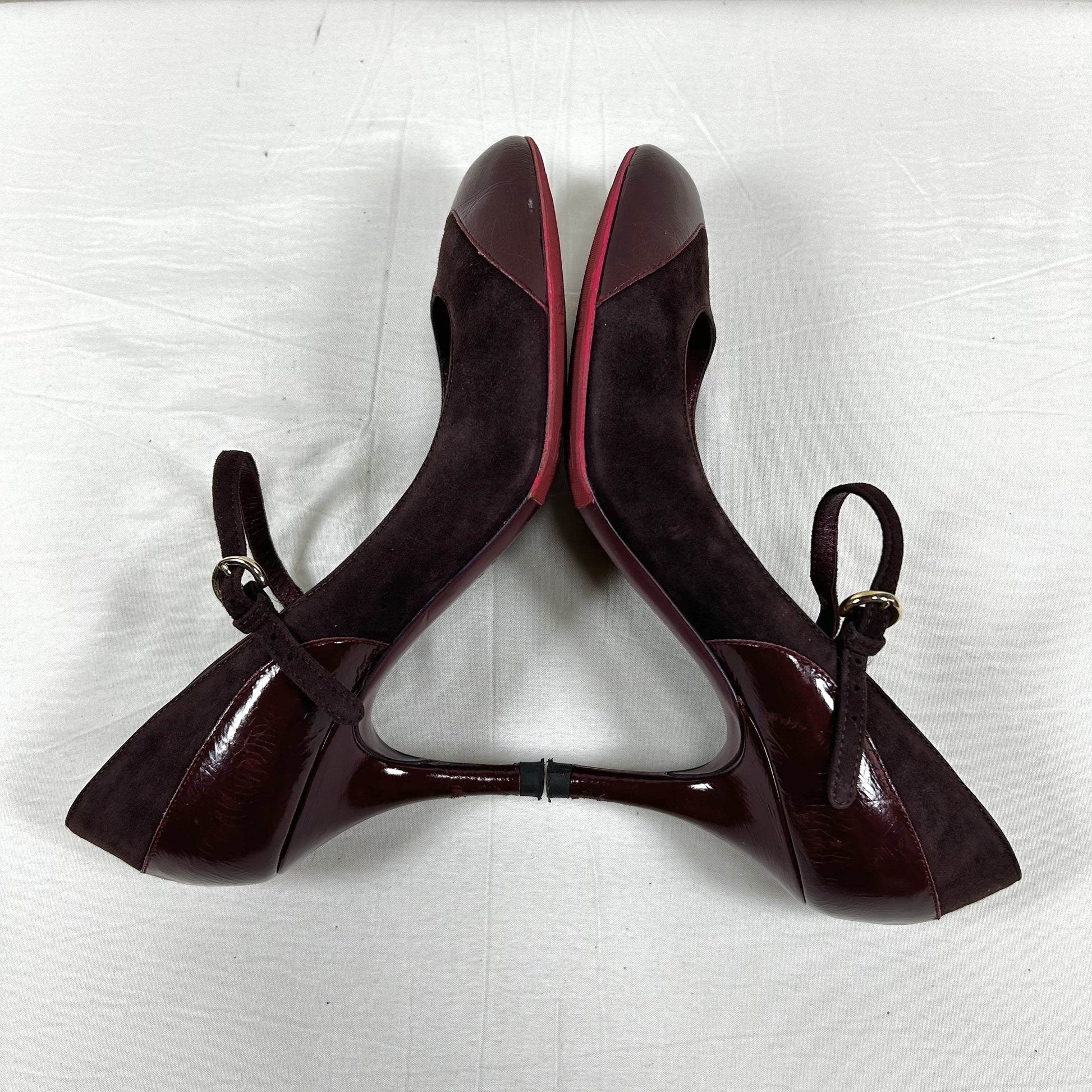 Sergio Rossi Mary Jane Pumps, Size 37 1/2, Suede and Patent Leather, Burgundy