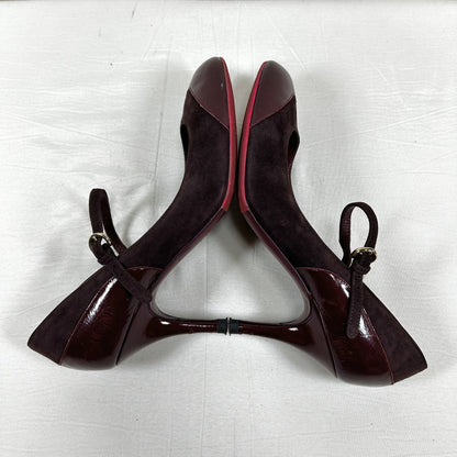 Sergio Rossi Mary Jane Pumps, Size 37 1/2, Suede and Patent Leather, Burgundy