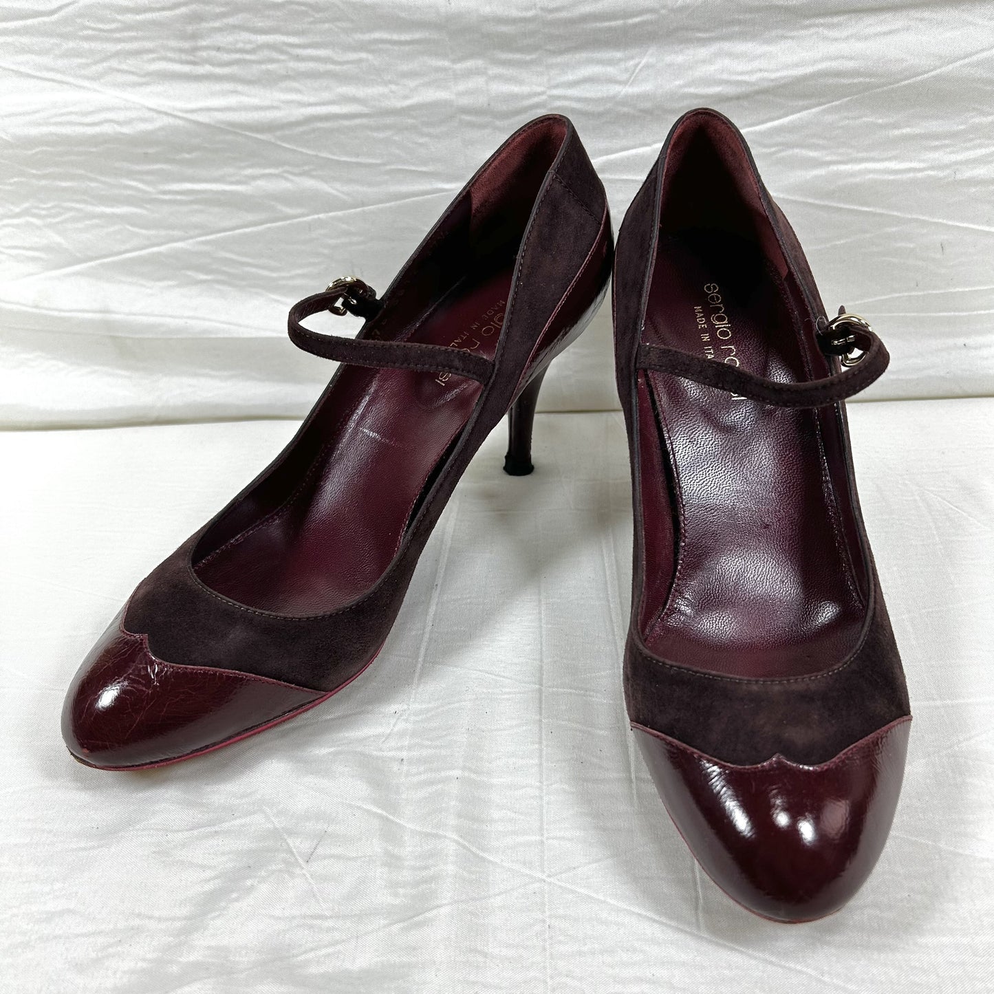 Sergio Rossi Mary Jane Pumps, Size 37 1/2, Suede and Patent Leather, Burgundy