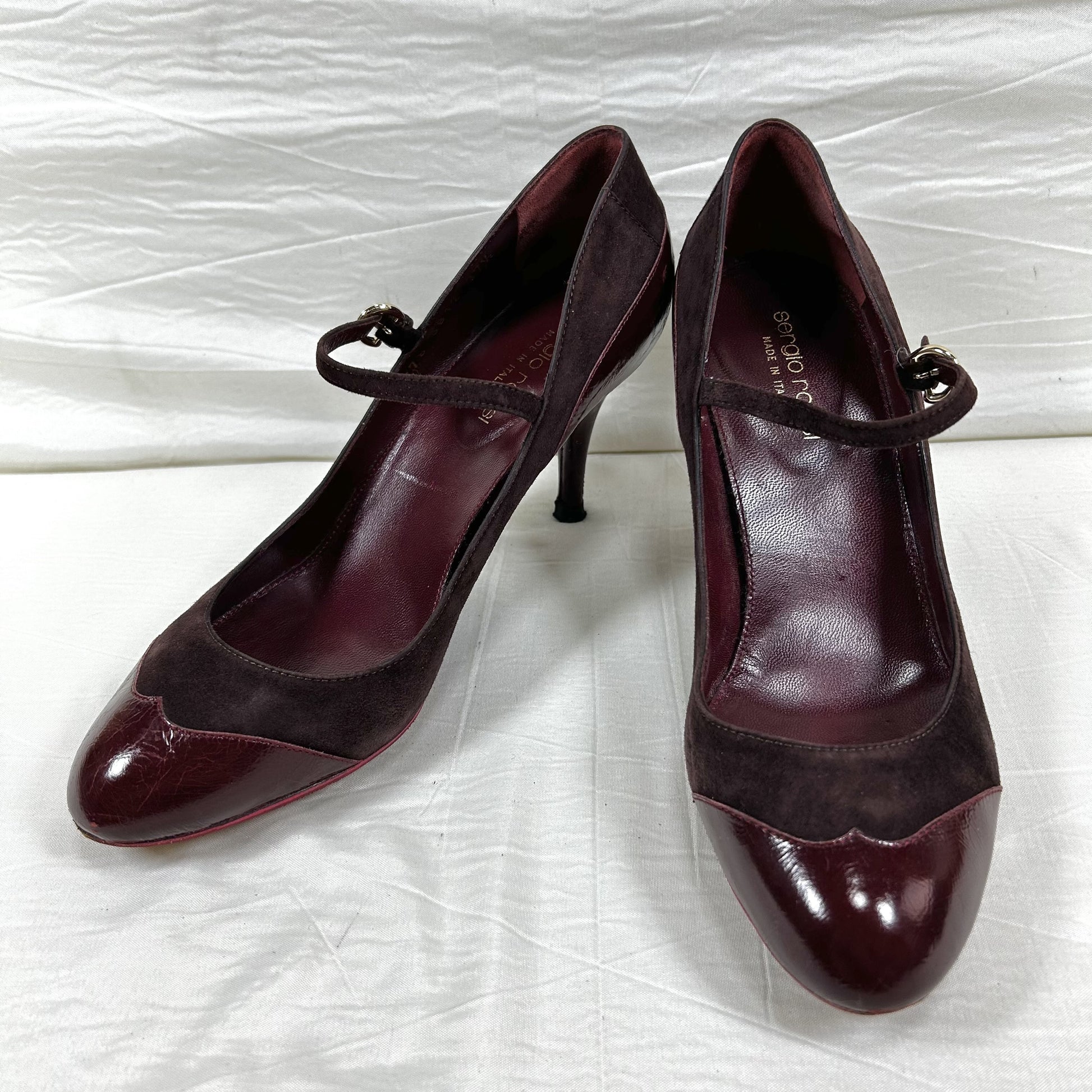 Sergio Rossi Mary Jane Pumps, Size 37 1/2, Suede and Patent Leather, Burgundy