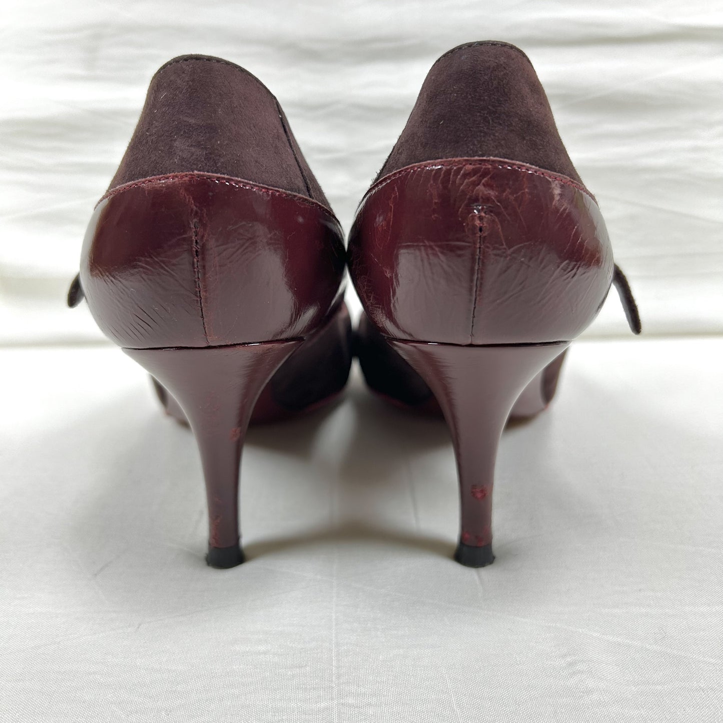 Sergio Rossi Mary Jane Pumps, Size 37 1/2, Suede and Patent Leather, Burgundy