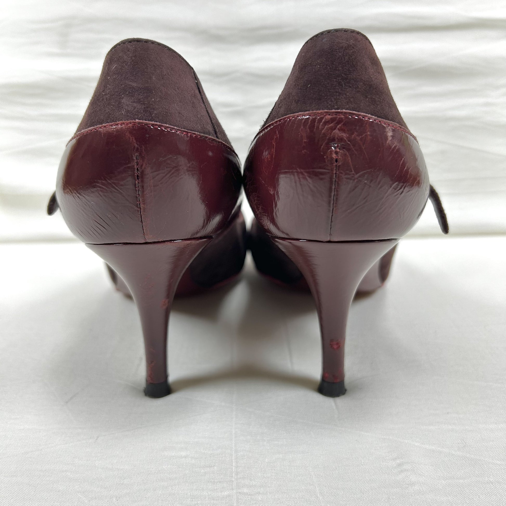 Sergio Rossi Mary Jane Pumps, Size 37 1/2, Suede and Patent Leather, Burgundy