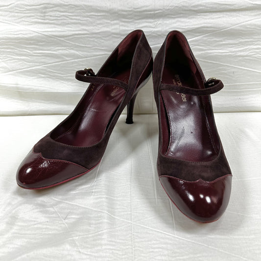 Sergio Rossi Mary Jane Pumps, Size 37 1/2, Suede and Patent Leather, Burgundy