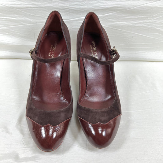Sergio Rossi Mary Jane Pumps, Size 37 1/2, Suede and Patent Leather, Burgundy