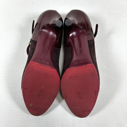 Sergio Rossi Mary Jane Pumps, Size 37 1/2, Suede and Patent Leather, Burgundy