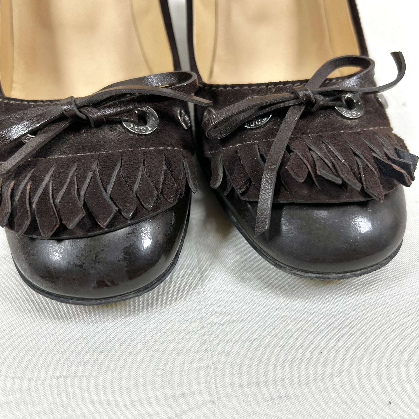 TODS TODS Fringe Ribbon Leather Pumps Size 35 1/2 Dark Brown Pumps