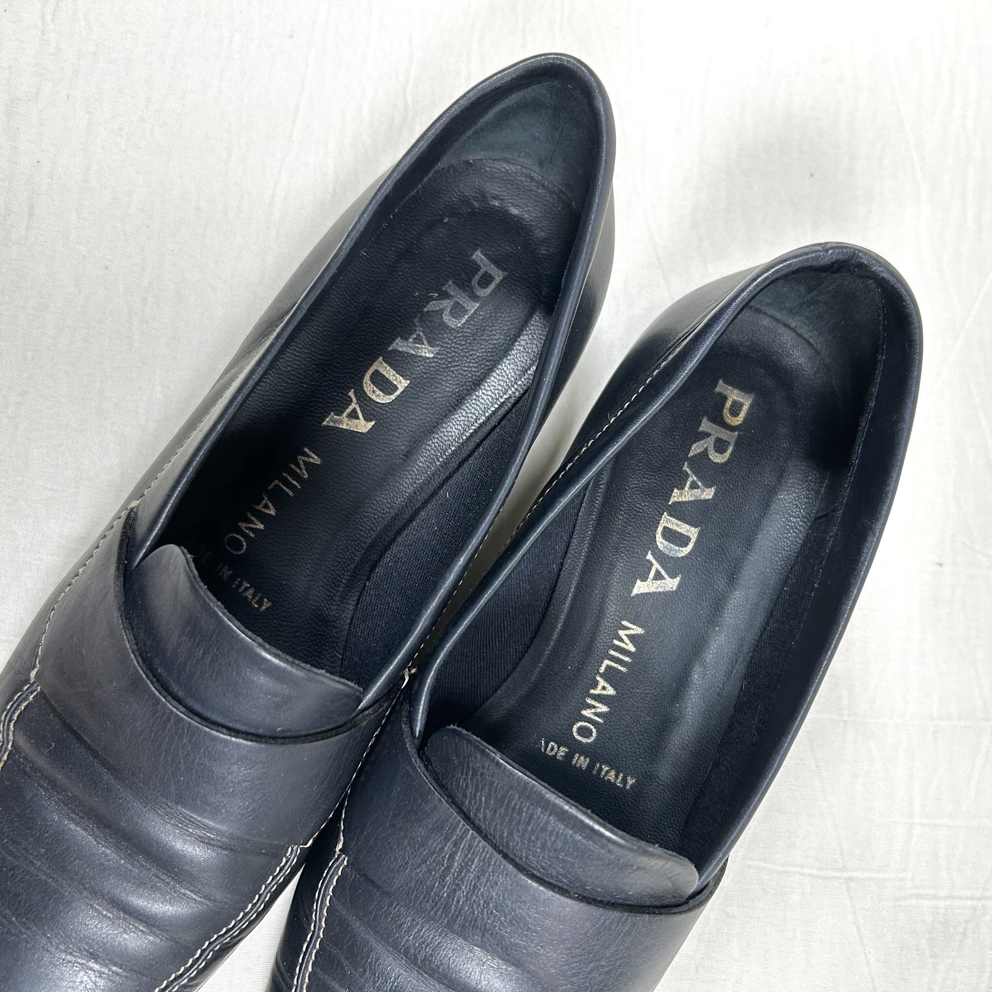 PRADA PRADA Square Toe Loafers, Size 36 1/2, Navy