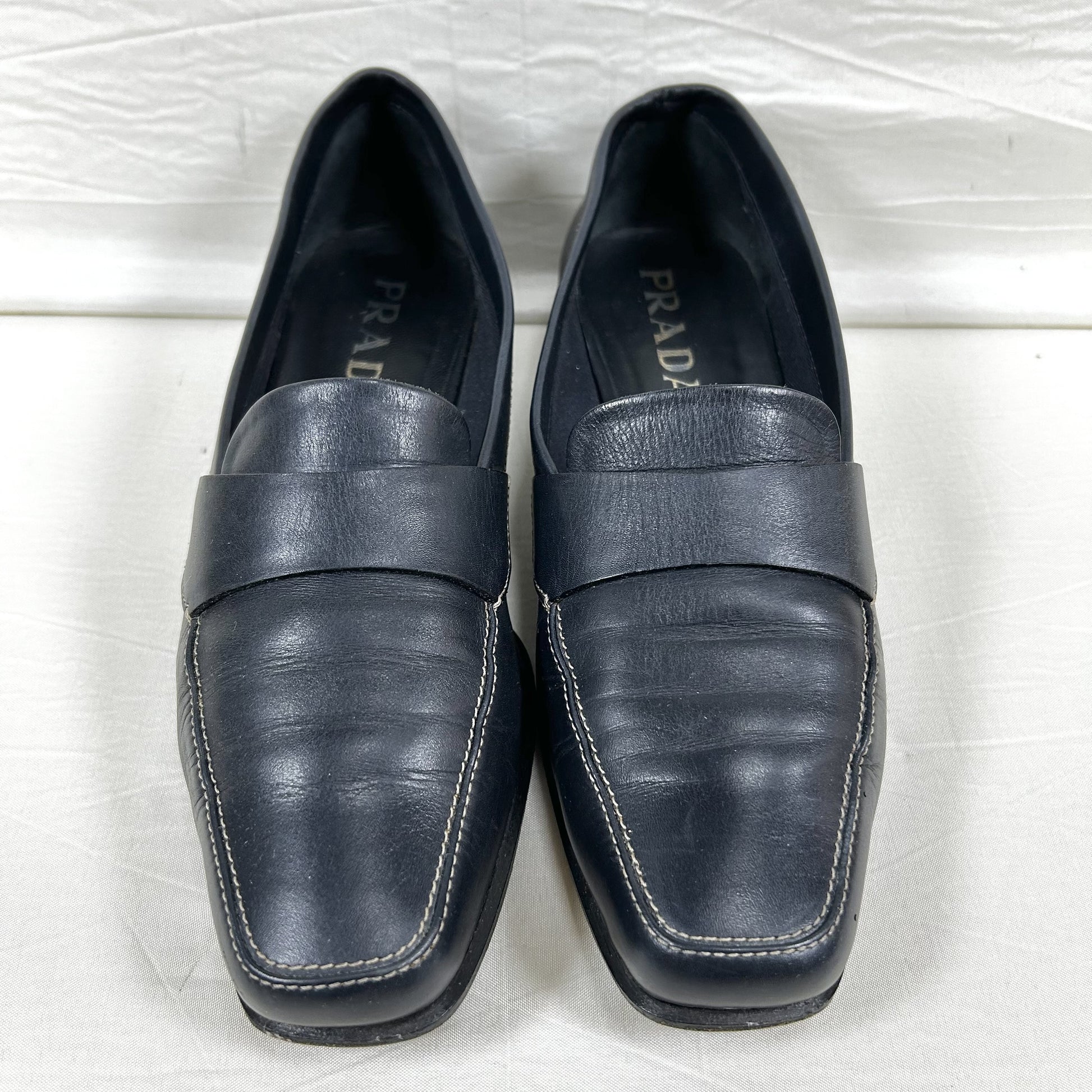 PRADA PRADA Square Toe Loafers, Size 36 1/2, Navy