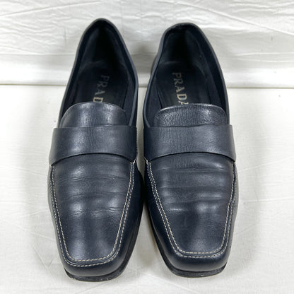 PRADA PRADA Square Toe Loafers, Size 36 1/2, Navy