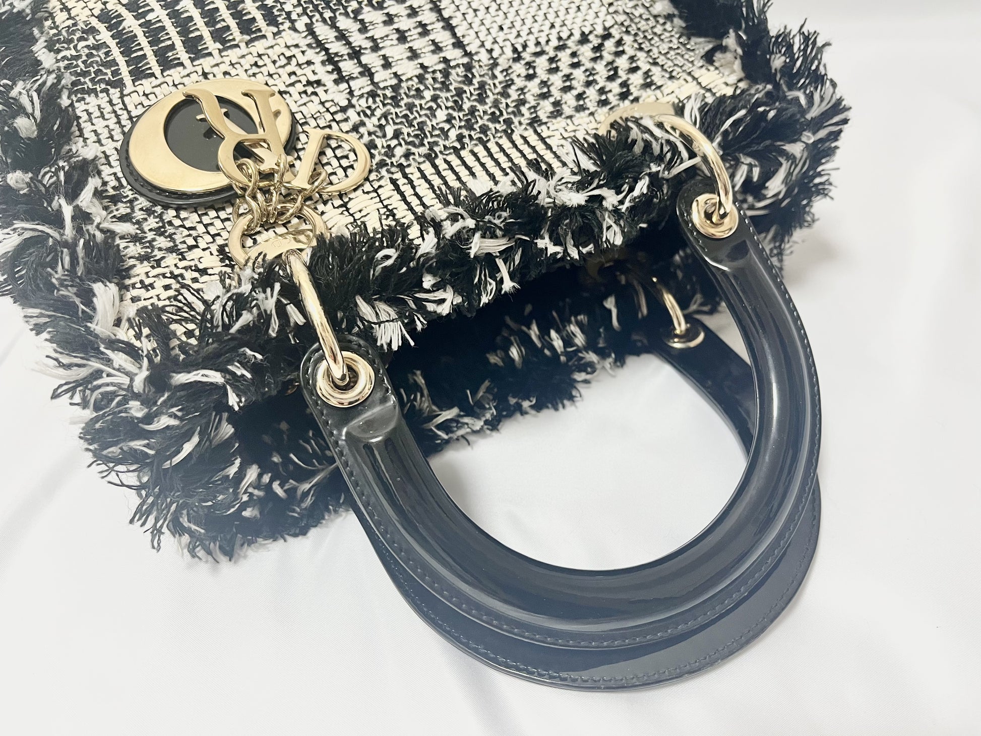 Dior Lady Dior Patent Leather Tweed 2-Way Handbag Black