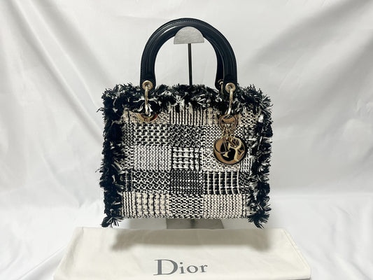 Dior Lady Dior Patent Leather Tweed 2-Way Handbag Black