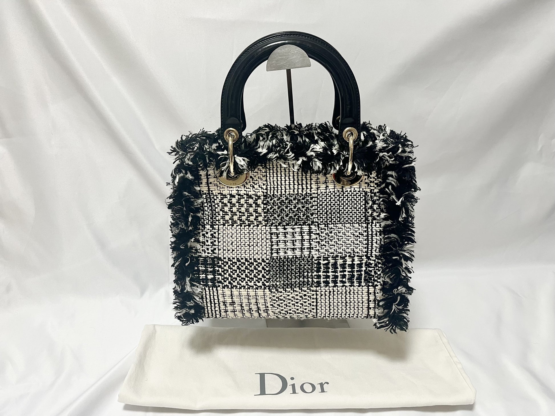 Dior Lady Dior Patent Leather Tweed 2-Way Handbag Black