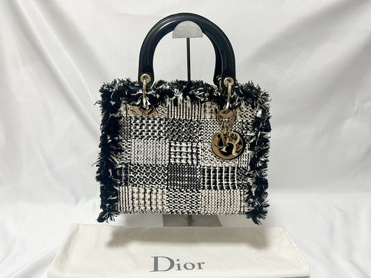 Dior Lady Dior Patent Leather Tweed 2-Way Handbag Black