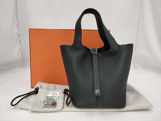 HERMES Picotin Lock PM size handbag in dark green with silver hardware