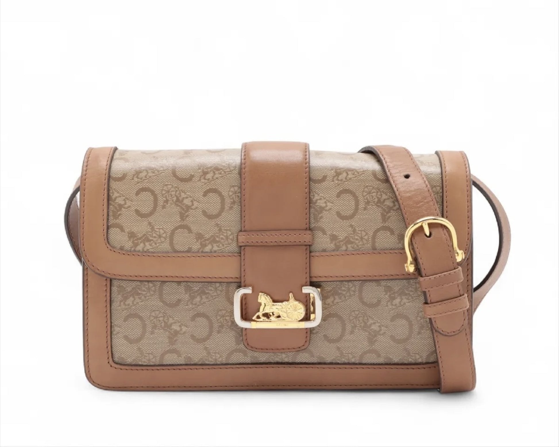 CELINE C Macadam Carriage Hardware PVC and Leather Shoulder Bag Brown