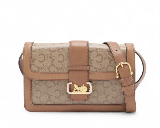 CELINE C Macadam Carriage Hardware PVC and Leather Shoulder Bag Brown