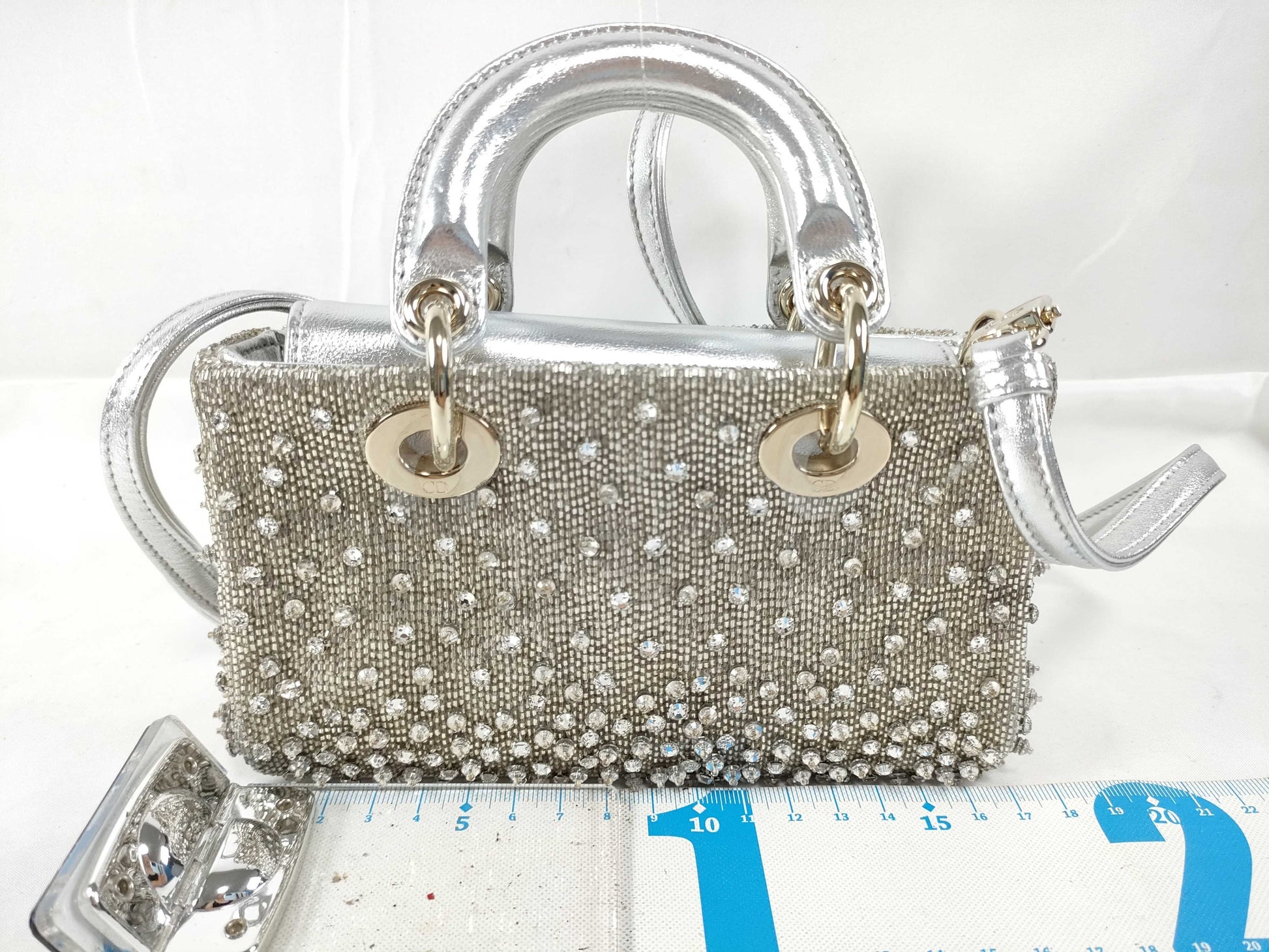 Dior D-Joy Micro Silver Lambskin Beaded Rhinestone 2-Way Handbag