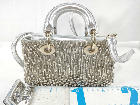 Dior D-Joy Micro Silver Lambskin Beaded Rhinestone 2-Way Handbag