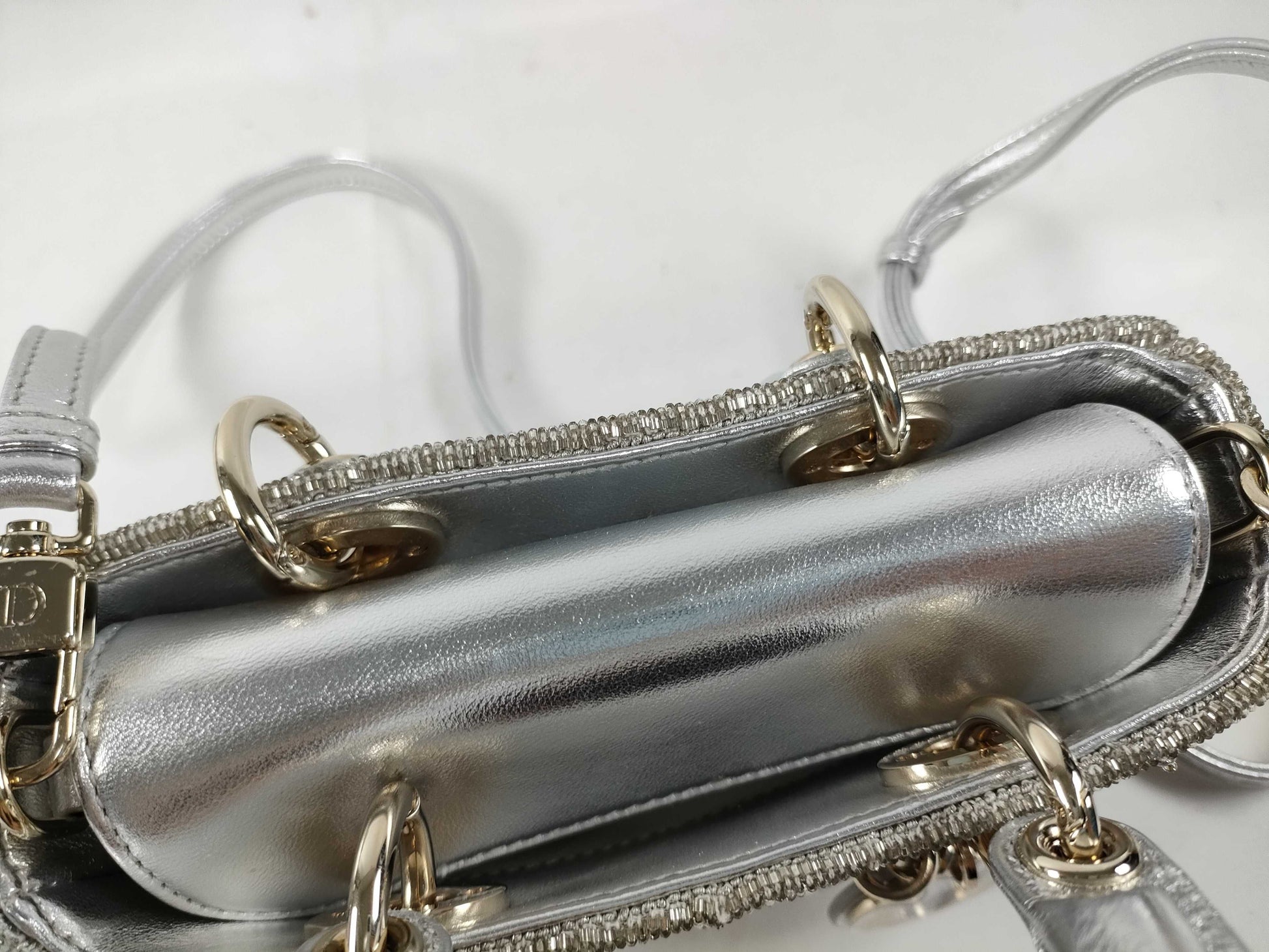 Dior D-Joy Micro Silver Lambskin Beaded Rhinestone 2-Way Handbag