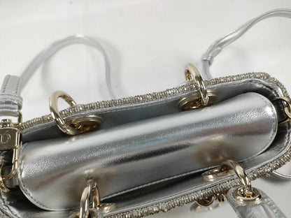 Dior D-Joy Micro Silver Lambskin Beaded Rhinestone 2-Way Handbag