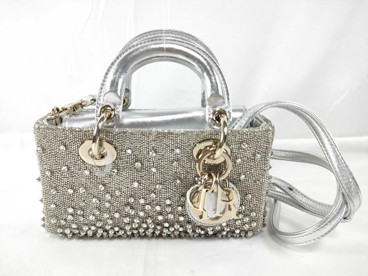Dior D-Joy Micro Silver Lambskin Beaded Rhinestone 2-Way Handbag