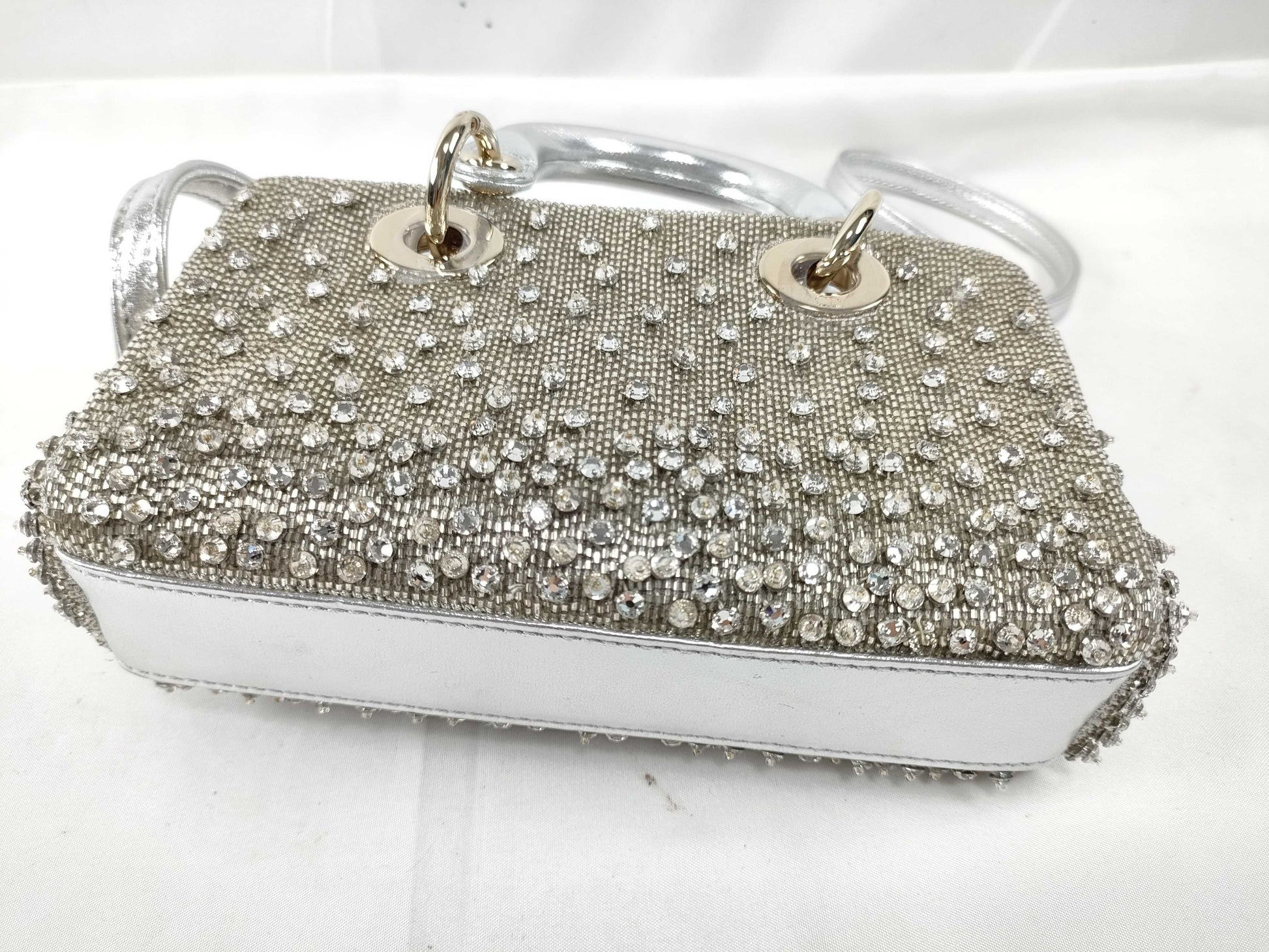 Dior D-Joy Micro Silver Lambskin Beaded Rhinestone 2-Way Handbag