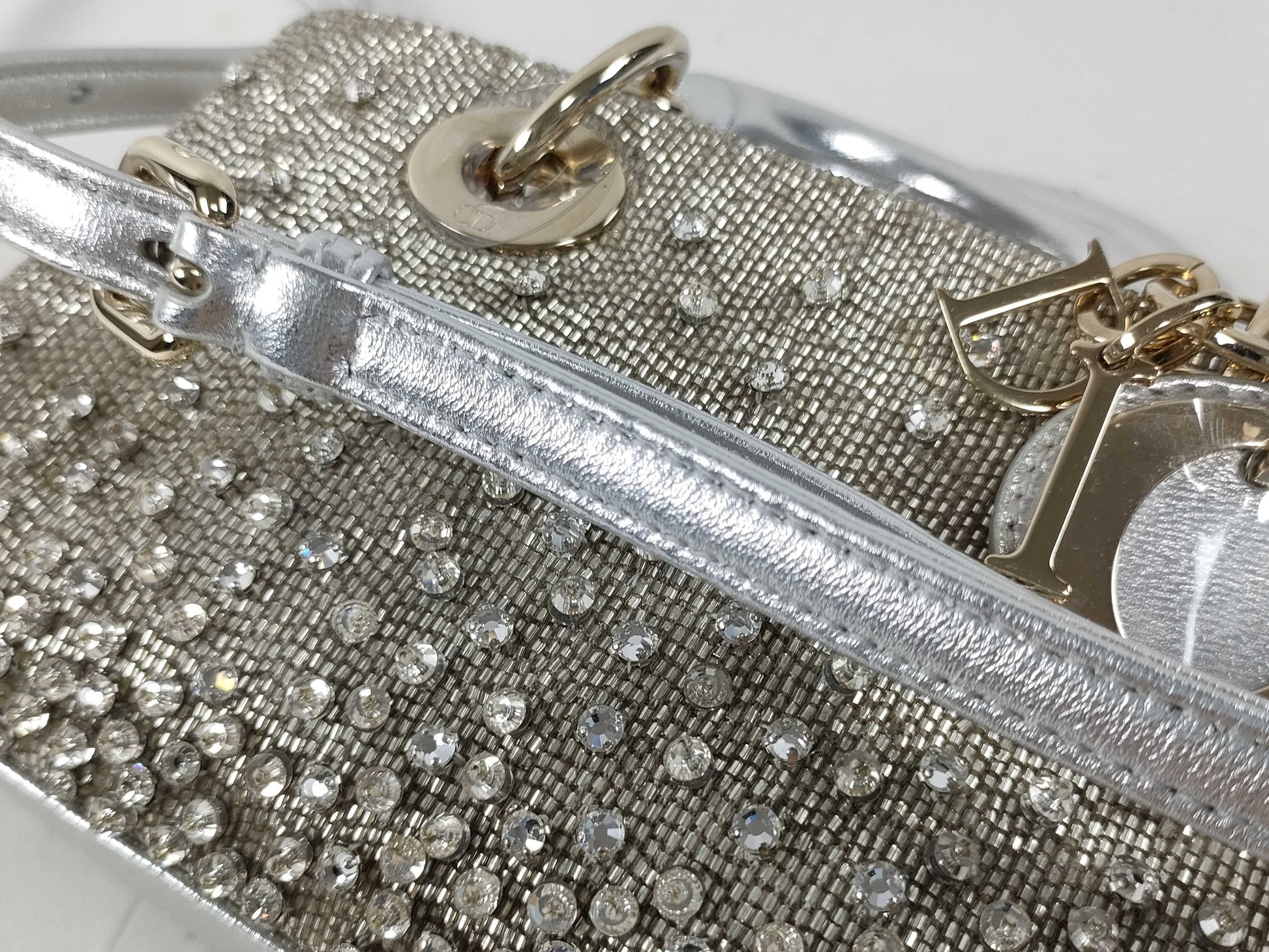 Dior D-Joy Micro Silver Lambskin Beaded Rhinestone 2-Way Handbag