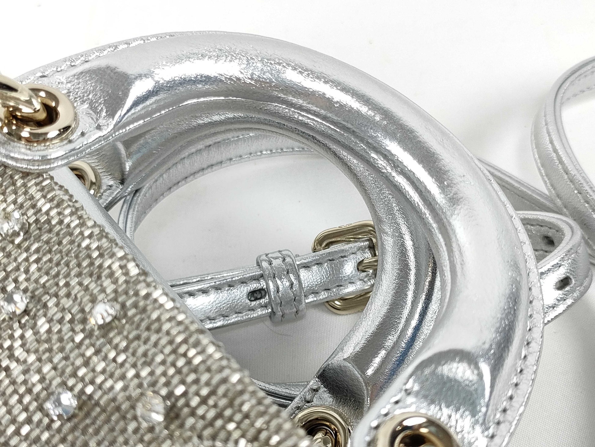Dior D-Joy Micro Silver Lambskin Beaded Rhinestone 2-Way Handbag
