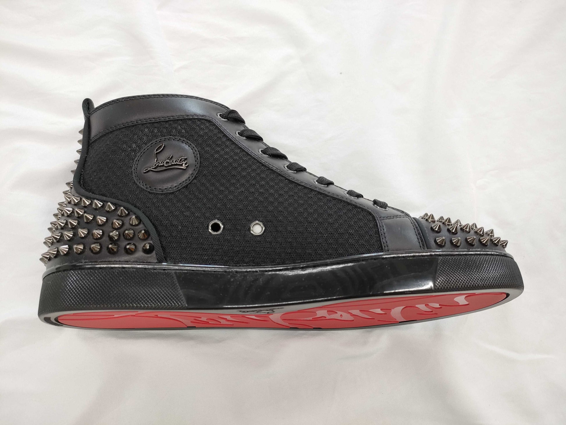 Christian Louboutin Men's Spiked Calfskin Mesh High-Top Sneakers in Black, Size 44.5