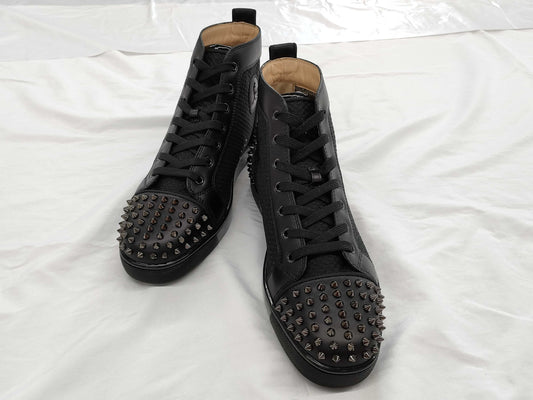Christian Louboutin Men's Spiked Calfskin Mesh High-Top Sneakers in Black, Size 44.5