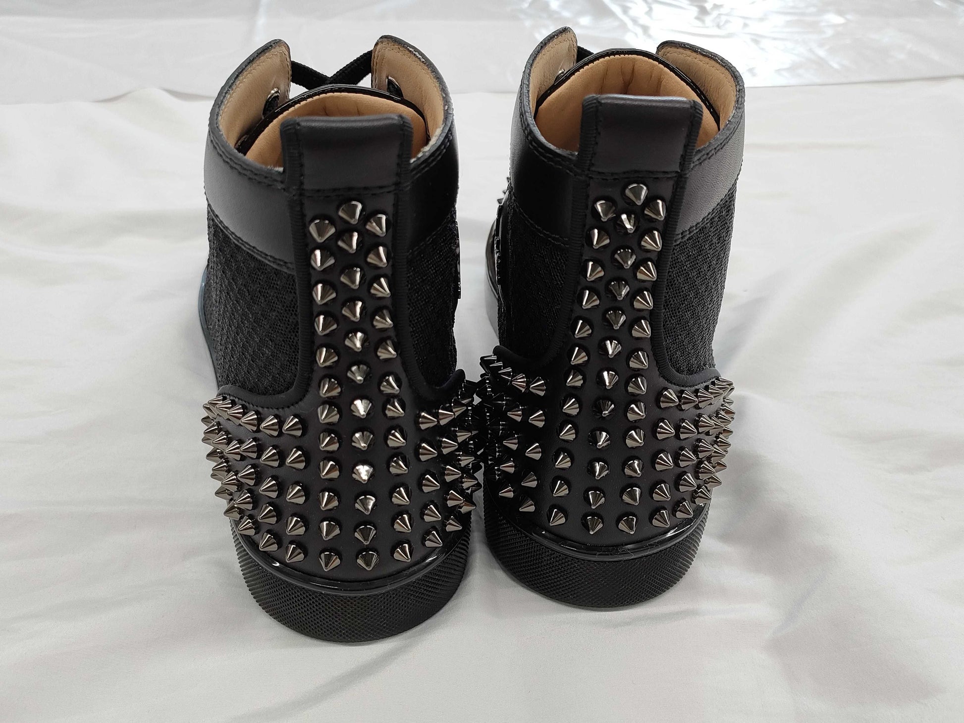 Christian Louboutin Men's Spiked Calfskin Mesh High-Top Sneakers in Black, Size 44.5