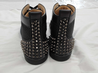 Christian Louboutin Men's Spiked Calfskin Mesh High-Top Sneakers in Black, Size 44.5
