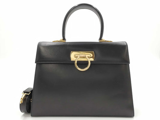 Salvatore Ferragamo Gancini Leather Handbag, Black, 2-Way