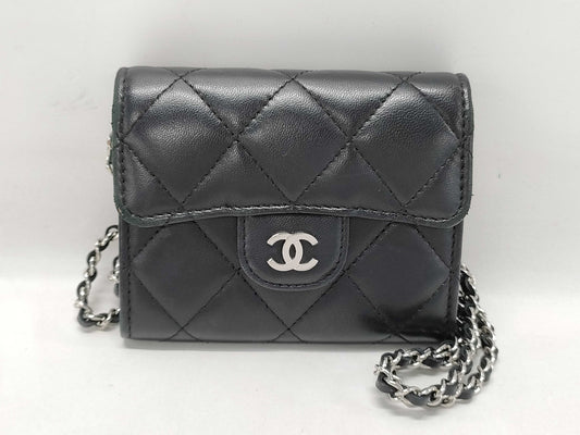 CHANEL Classic Mini Chain Wallet Matelasse, Black, Lambskin, AP0238, Size 30