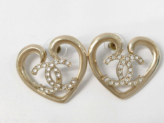 CHANEL CHANEL Earrings Gold Rhinestone Heart Coco Mark F23C Earrings