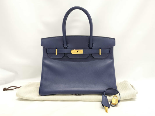 HERMES Birkin 30 Epsom Leather Blue Saphir Gold Hardware X Stamp Handbag
