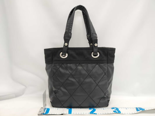 CHANEL Paris Biarritz Tote PM Coated Canvas Black with Silver Hardware A34208 Tote Bag