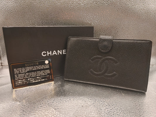 CHANEL Coco Mark Bifold Long Wallet with Seal, 6094776, Black Caviar Skin, with Certificate of Authenticity and Box