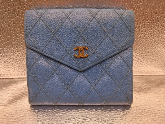 CHANEL Bicolor Double-Hook Compact Wallet with Seal 4773277 Caviar Skin Blue Wallet