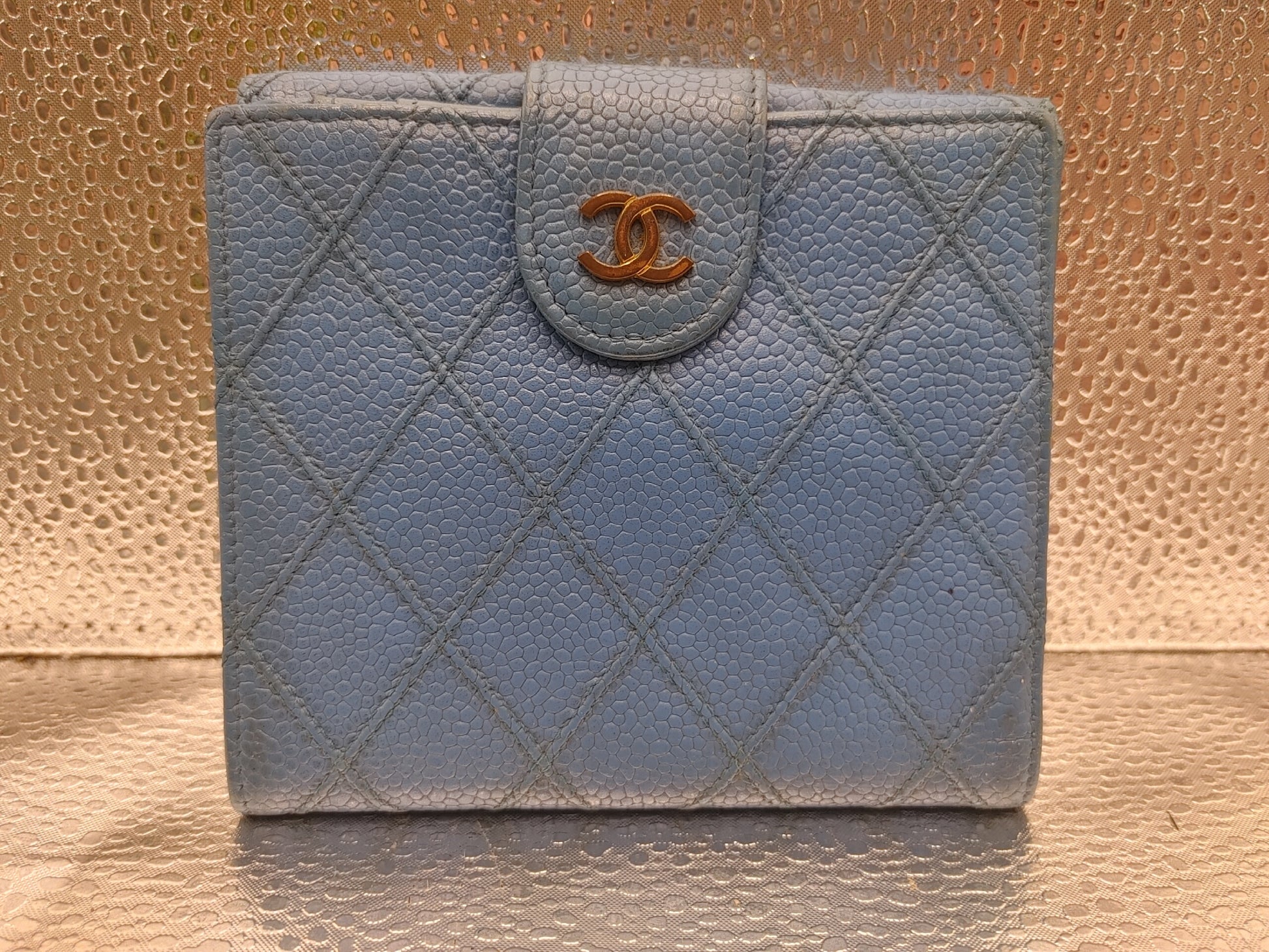 CHANEL Bicolor Double-Hook Compact Wallet with Seal 4773277 Caviar Skin Blue Wallet