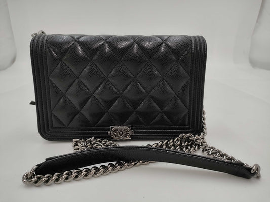 CHANEL Boy Chanel Caviar Skin Chain Wallet with Random Plate Shoulder Bag