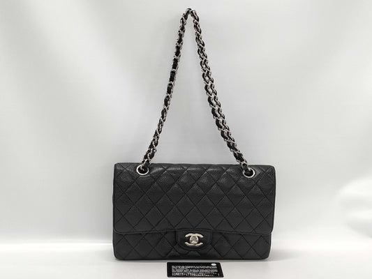 CHANEL Double Flap Caviar Chain Shoulder Bag with Silver Hardware, No. 15