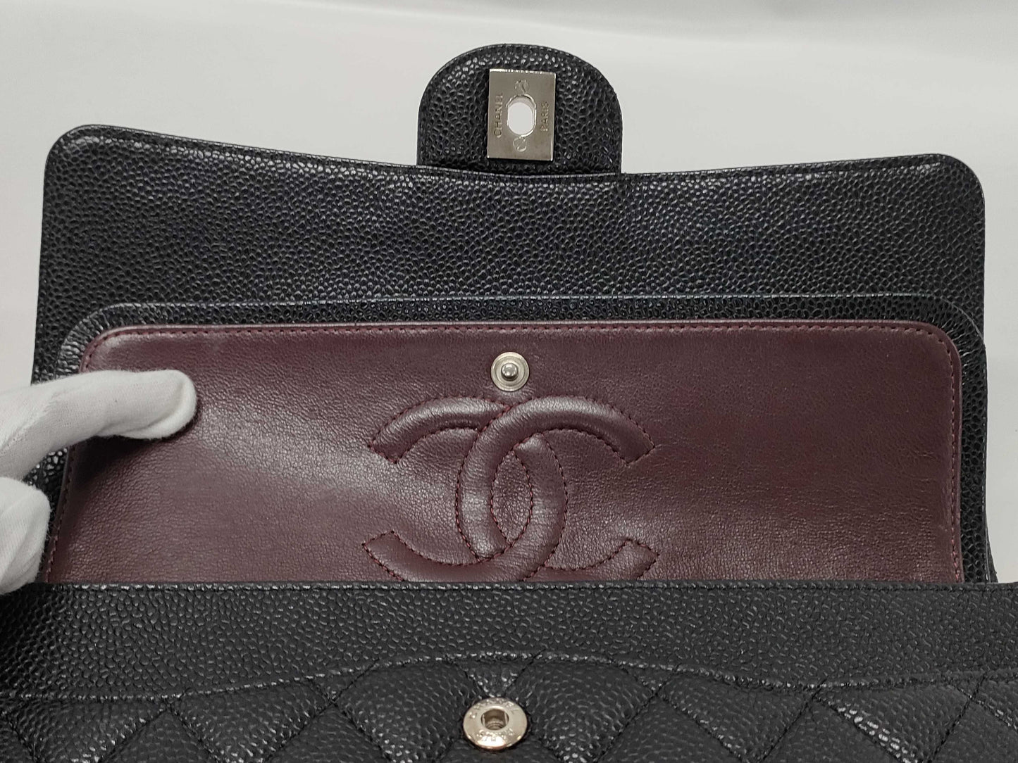 CHANEL Double Flap Caviar Chain Shoulder Bag with Silver Hardware, No. 15