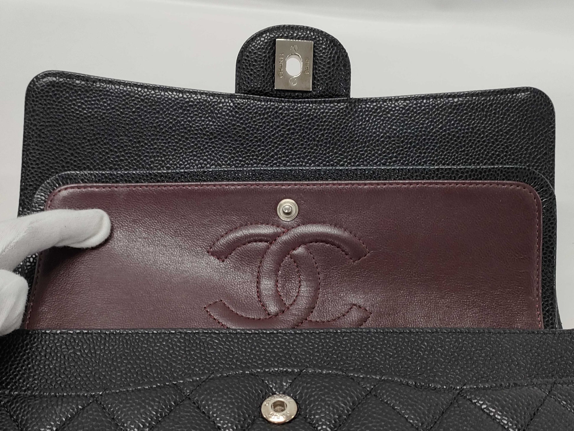 CHANEL Double Flap Caviar Chain Shoulder Bag with Silver Hardware, No. 15