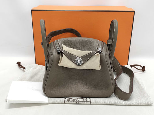 HERMES Lindy Mini Taurillon Etoupe Shoulder Bag with P Hardware and Double Stamp