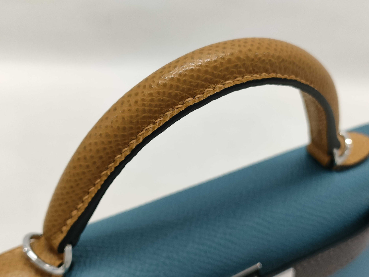 HERMES Kelly Hermès Mini Kelly Epson Tricolor Blue Jean Ecru Sesame Silver Hardware Double Stamp Shoulder Bag